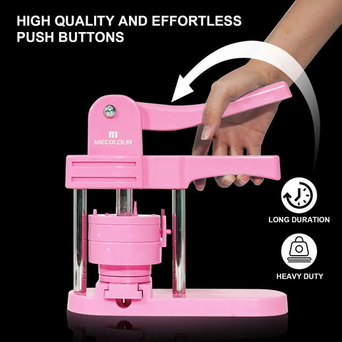 Awesome Vibrant Pink Button Maker Press With Three Size Dies And One Fifty Pcs Badge Supplies in use, showcasing its sturdy design and operation.