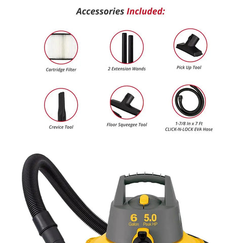 Contractor Wet Dry Vacuum For Jobsite, 6 Gallon Workhorse Powerhouse, 960W, showing included accessories like filters and hoses