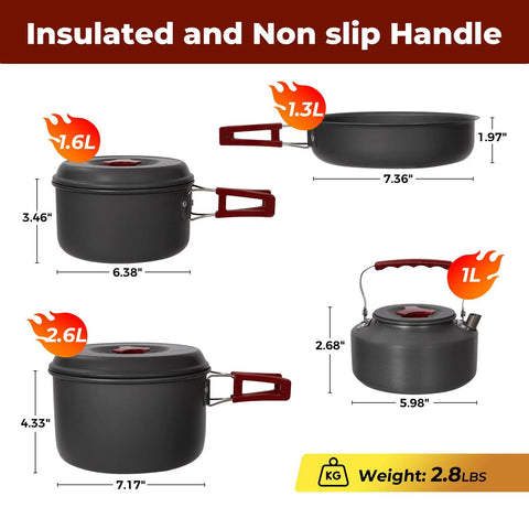 Lightweight Backpacking Camping Cookware Set For Two To Four People with pots, pan, kettle and dimensions shown