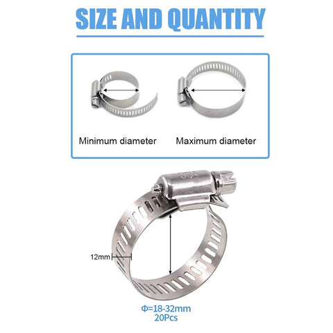 Glarks 20-pack 304 stainless steel worm-gear hose clamps, adjustable 18–32mm, silver, installed on hose