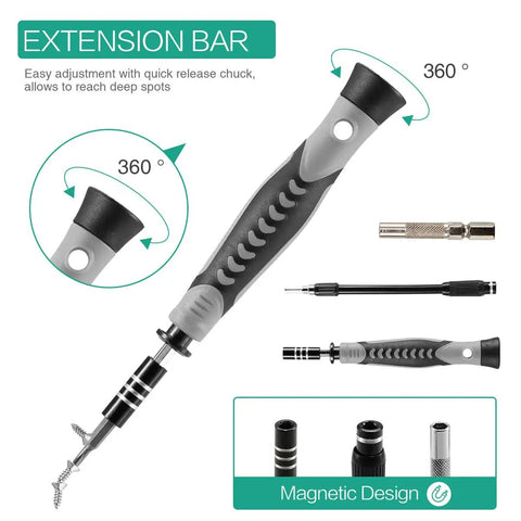 360-degree extension bar from 130 In 1 Magnetic Precision Screwdriver Kit With 120 Bits And 3 Extra Length Bits All In One Repair Tool Set