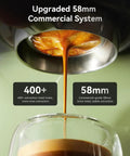 Close-up of espresso extraction from the 58mm Professional Espresso Machine With 15 Bar Pump Visible Pressure Gauge Powerful Milk Frother Retro Green Finish For Your Home Barista Lattes And Cappuccinos Fast Heat Boiler And Easy Steam showcasing the brew head.