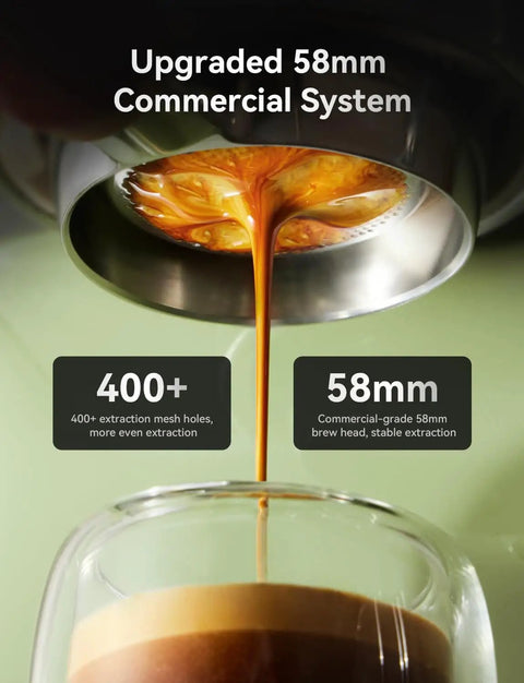 Close-up of espresso extraction from the 58mm Professional Espresso Machine With 15 Bar Pump Visible Pressure Gauge Powerful Milk Frother Retro Green Finish For Your Home Barista Lattes And Cappuccinos Fast Heat Boiler And Easy Steam showcasing the brew head.