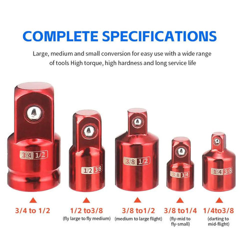 Premium Impact Socket Adapter Set In 1/4 3/8 And 1/2 Inch Sae Sizes For Super Strong Conversion With Cr V Steel Build Perfect Garage Tool Kit. red socket adapters, 3/4 to 1/2, 1/2 to 3/8, 3/8 to 1/4