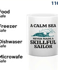 Sailor Coffee Mug 11oz White For Boat Lovers And Captains with nautical wave design and text 'A Calm Sea Never Made a Skillful Sailor'.