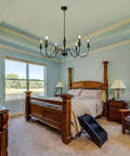 Six Light Black Modern Farmhouse Chandelier With Rustic Vintage Candle Iron Arms In Matte Black Finish for bedroom