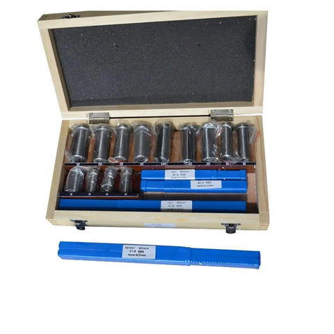 Badass 22 Piece Keyway Broach Kit Built Tough With HSS Steel To Slice Through Metal Grooves On CNC Machines With Full Metric Sizes 12 To 30 Millimeters Includes Slotted Bushings And Shims Ready To Rock In Workshops. Open wooden case with metric HSS keyway broaches