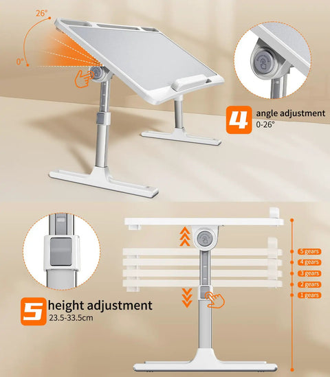 Adjustable Bedside Laptop Desk With Height And Angle Adjustments, Portable Folding Lap Tray With built-in bookstand shown with settings.