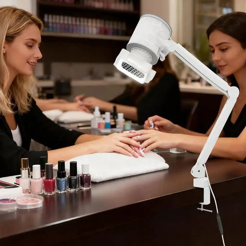 Heavy Duty Nail Dust Collector With Straight Fire Suction Vacuum Fan And Reusable Filter For Gel Acrylics in a nail salon setting.