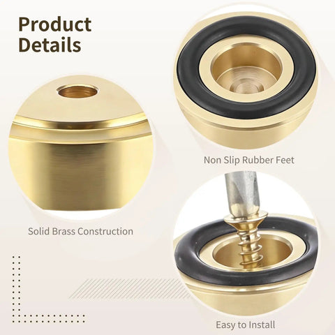 Product details of Built Tough Brass Cutting Board Feet Set showing solid brass construction and non-slip rubber pads.