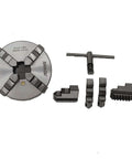 Front view of 160mm 4-jaw lathe chuck with metal body, includes T-handle chuck key and replacement jaws