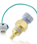 Engine coolant temperature sensor with brass threaded stem, plastic head, green wire and blue connector (front view)