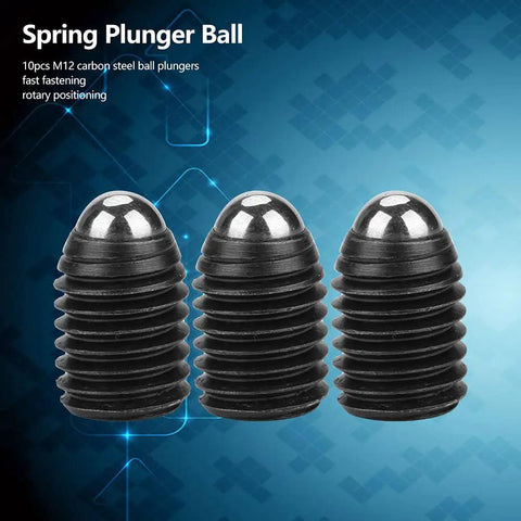 Rock Solid Heavy Duty Ball Plunger Screw Set M12x16 Threaded Positioning Fasteners shown in three angles, carbon steel, ideal for CNC jigs.