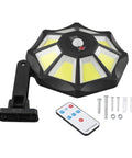 Solar Flood Light 168LED Motion Sensor IP66(168LED) with remote and installation screws, black design for outdoor use.