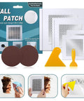 All In One Wall Repair Patch Kit With Self Adhesive Aluminum Mesh For Holes In Walls And Ceilings Includes Four Inch Six Inch And Eight Inch Patches Two Of Each DIY Ready Safe Mend Drywall Patch Plasterboard Repair Filler Quick Sand Ready Finish displayed with tools and patches