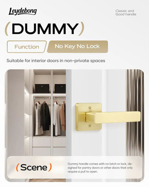 Ten Pack Gold Door Knobs And Dummy Door Handles For Closets And French Doors, non-turning dummy handle close-up in satin brass.