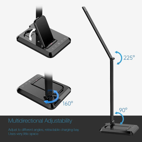 LED Desk Lamp With Wireless Charger And USB Port, Touch Control, adjustable angles, black finish for home office dorm study