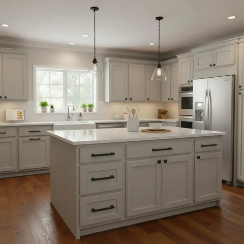 Rock Solid Matte Black Cabinet Pulls And Drawer Handles 5 Inch 10 Pack on white kitchen cabinets and island.