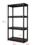 Heavy Duty Four Shelf Storage Rack For Garage And Pantry Rock Solid Build Handles Two Hundred Eighty Pounds Compact black plastic organizer with dimensions.