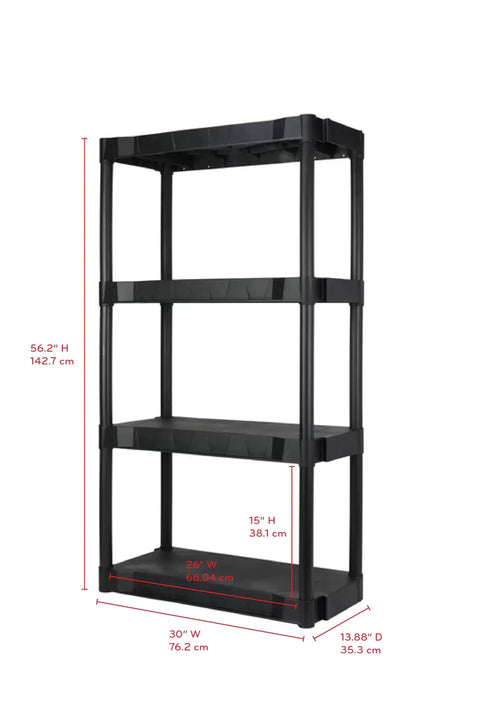 Heavy Duty Four Shelf Storage Rack For Garage And Pantry Rock Solid Build Handles Two Hundred Eighty Pounds Compact black plastic organizer with dimensions.