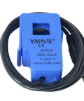 SCT-013 Blue Non Invasive AC Current Sensor With Split Core Clamp And One Meter Wire For Plug And Go Energy Measurement and home wiring fixes. Face view.