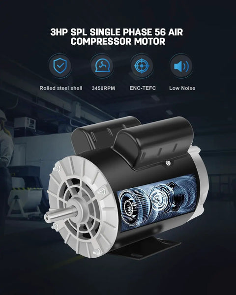Air Compressor Motor Heavy Duty 3HP SPL Single Phase Electric Motor 3450 RPM 56 Frame Open Drip Proof 60 Hz Visual