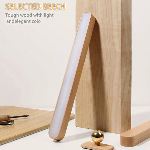 Wooden Vanity Light Bar With 360 Degree Magnetic Rotatable Led USB Rechargeable And Battery Powered Dimmable Warm White Lighting For Makeup Mirror Bedroom Or Bathroom Vibes Brown Finish in beech wood style against blocks