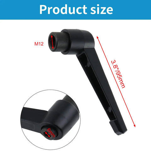 Hassle Free M12 Clamping Lever Handles With Push Button Ratchet Action That Spins Smooth For Easy One Hand Adjust and Rock Solid Quick Release Setup Arrives As A Tough Pair Of Shop Grade Hand Knobs, showing size and details.