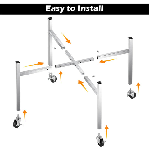 Firepit Stand With 360 Degree Swivel And Locking Wheels Stainless Steel Elevating Stand assembly guide showing frame parts.