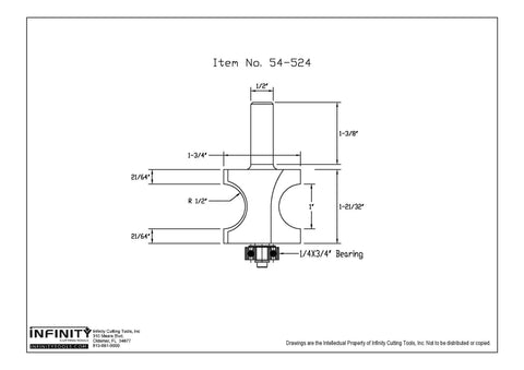 Technical drawing of Half Inch Shank Bullnose Router Bit With Bearing For Handheld Or Table Mounted Wood Router Carbide Tip
