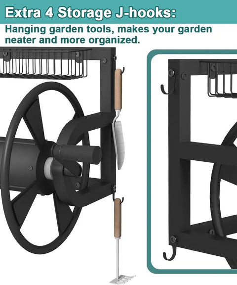 Outdoor Wall Mounted Hose Reel With Hook And Leader Hose, Heavy Duty Metal Water Organizer For Garden, J-hooks detail