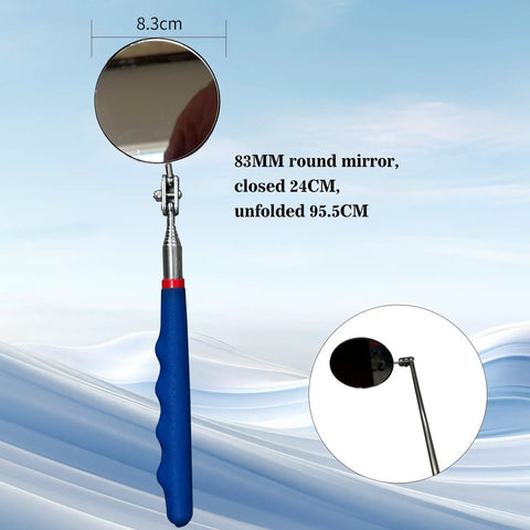 Pro Grade Telescoping Inspection Mirror Tool Set With 360 Degree Swivel For Tight Spots And Dead Angles Big 3.3 Inch HD Round Mirror in extended view