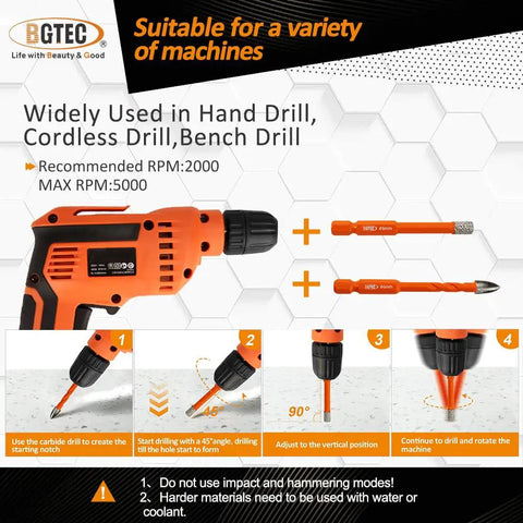 Badass 12 Piece Diamond Drill Bit Set With Masonry And Screwdriver Bits Heavy Duty Carbide Tips For Porcelain Tile Marble Granite Concrete Wood Zero Heat Dry Design Includes Cooling Wax Pro Grade Quarter Inch Shank No Mess Project Essential, shown with compatible drill machine.