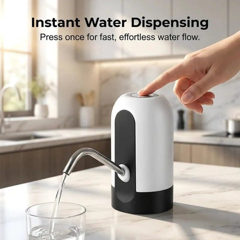 Handy Rechargeable Electric Fluid Pump For Water And Oil With Portable USB Dispenser dispensing water into a glass on kitchen counter.