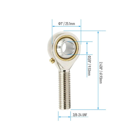 2-Piece Spherical Rod End Bearings 3/8 Inch Bore With 3/8-24 Male Threads Includes Jam Nuts Forged 45 Steel Body And Hardened Ball Joint Built Tough For Linkages And Auto Projects With Up To 9 Degrees Misalignment, dimensioned rod end