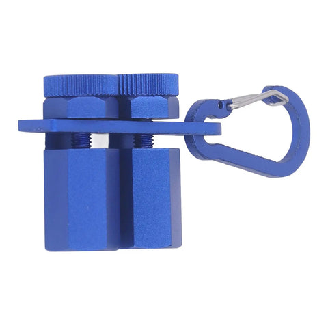 Dead Straight Stair Gauge For Framing Squares With Grip Tight Thumb Screws And Heavy Duty Aluminum Rafter Layout Clamp viewed from above, blue aluminum build.