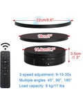 Ultimate 3 In 1 Motorized Rotating Display Stand With 360 Degree Electric Turntable And Swappable Covers For Professional Product Photography, Jewelry Shoots, Cake Presentations, And Live Videos In Sleek Black, featuring circular platforms and remote.