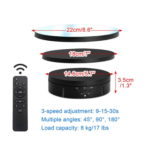 Ultimate 3 In 1 Motorized Rotating Display Stand With 360 Degree Electric Turntable And Swappable Covers For Professional Product Photography, Jewelry Shoots, Cake Presentations, And Live Videos In Sleek Black, featuring circular platforms and remote.