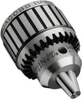 Jacobs Ball Bearing Taper Mount Chuck with 0.625 Inch Capacity and 2 5/8 Inch Sleeve Diameter, close view showing jaws and markings
