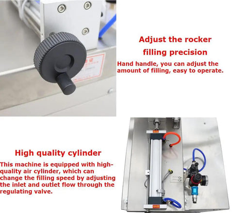 Automatic Liquid Filling And Packaging Sealer With Horizontal Mixing Hopper Handles 10 To 100 ML Loads For Sauces And Drinks Built Tough Stainless Steel Frame Adjusting filling precision with hand handle and high-quality air cylinder.