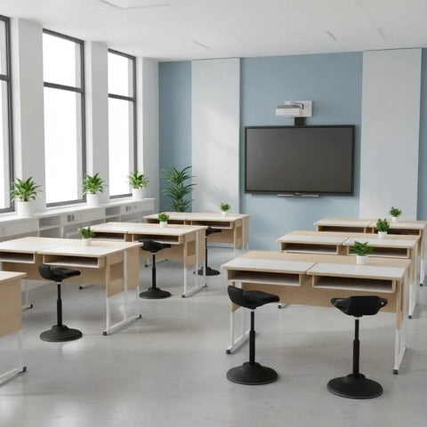 Classroom setup with Comfy Ergonomic Sit Stand Stool For Standing Desk With Height Adjustment And 360 Degree Tilt Active Sitting Leaning Chair