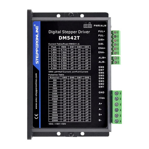 DM542T digital stepper driver module from StepperOnline, front view with green terminal blocks.