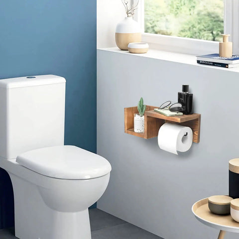 Wooden Toilet Paper Holder Wall Mount With Shelf Farmhouse Bathroom Storage Rack holding tissue rolls and small accessories