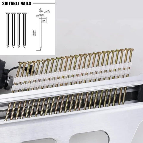 Framing Nailer Heavy Duty Pneumatic 21 Degree RHF9021 With Toolless Depth Adjust No Mar Tip Rafter Hook Drives 2 To 3 And A Half Inch Plastic Collated Nails For Framing Decking And Rough Carpentry Projects showing plastic collated nails close-up.