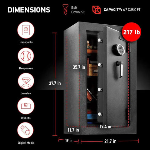 Powerful Fireproof And Waterproof XXL Steel Floor Safe With Digital Keypad Lock DOJ Certified Home Gun Safe 4.71 Cubic Feet Big 37.7 By 21.7 By 19 Inches open with dimensions labeled