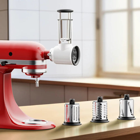 KitchenAid Stand Mixer Cheese Grater Slicer Attachment With 3 Blades For Effortless Grating And Slicing In One Pass on red mixer