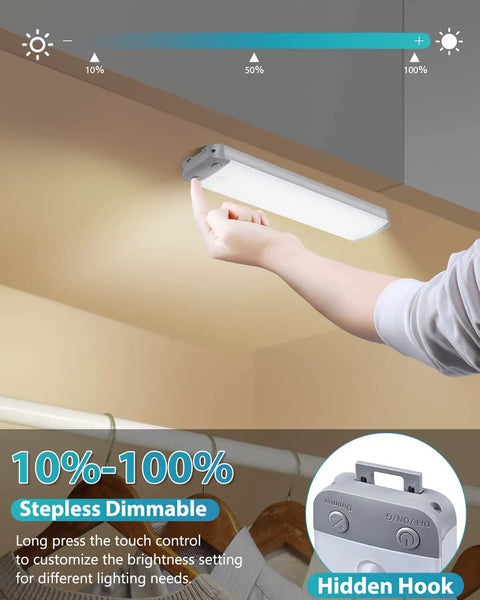 Person adjusting Motion Sensor Cabinet Light With 30 LED Dimmer Under Counter Closet Lighting Battery Powered Wireless USB Magnetic Night Lights For Kitchen Wardrobe Closet Cupboard 3 Pack.