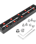 Vixen Style Dovetail Telescope Mounting Plate 230mm Rail Bar with M6 screws and 3/8 inch threaded holes, black with red details.