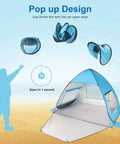 UPF 50+ Pop Up Beach Tent Auto Sun Shelter for 2 to 3 People showing quick setup with a figure demonstrating instant opening on sand