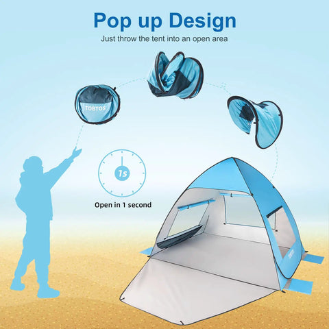 UPF 50+ Pop Up Beach Tent Auto Sun Shelter for 2 to 3 People showing quick setup with a figure demonstrating instant opening on sand